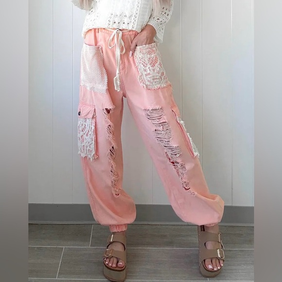 POL Pants - NWT POL Clothing Peach Patchwork Crochet Lace Drawstring Distressed Jogger Pants